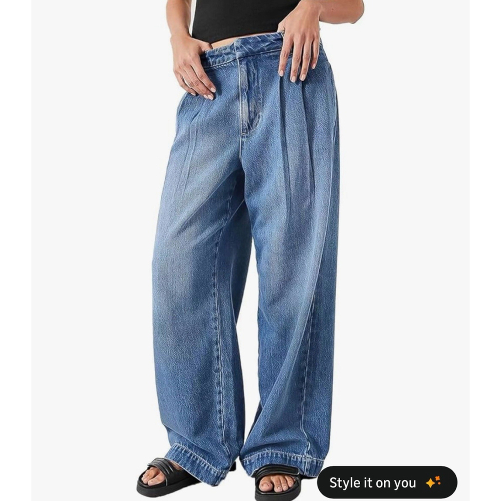 Wide Leg Pleated Blue Denim Jeans for Women